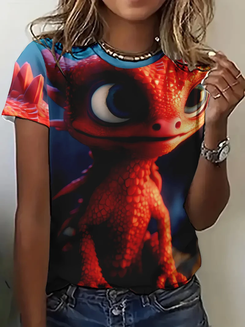 Camisetas con estampado de animales en 3D para mujer, blusa informal de manga corta, a la moda ropa de calle, Top básico para mujer 2024