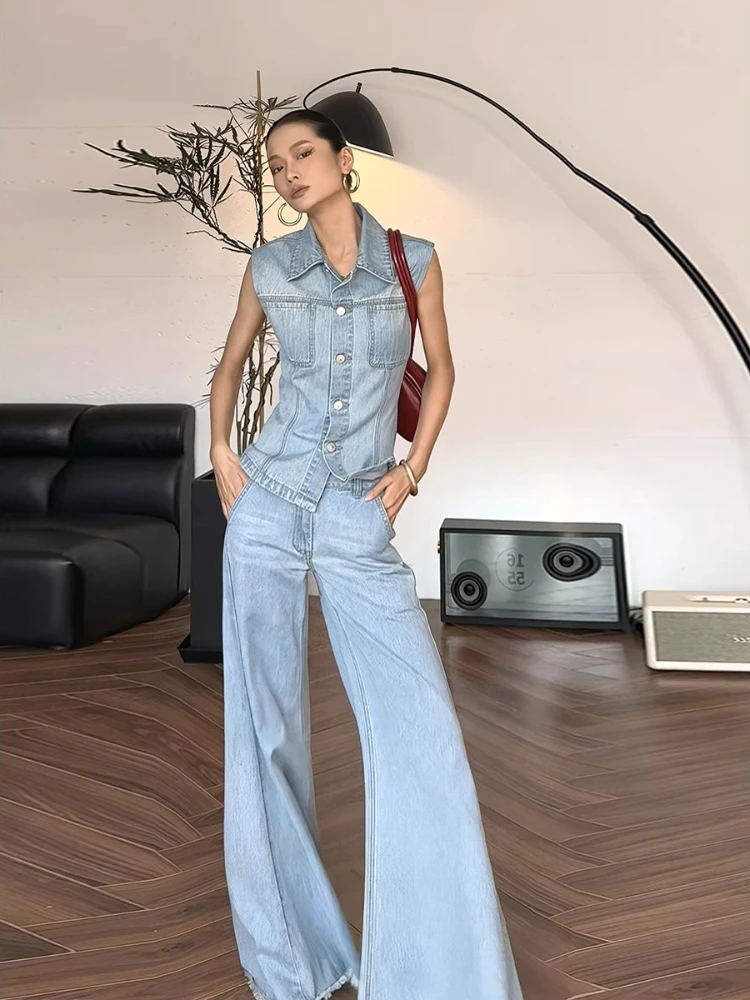 

2024 Summer New Blue Denim 2-Piece Set Women's High Quality Slim-Fit Shirt Vest Top+High Waist Micro-Pants Wide-Leg Trouser Suit