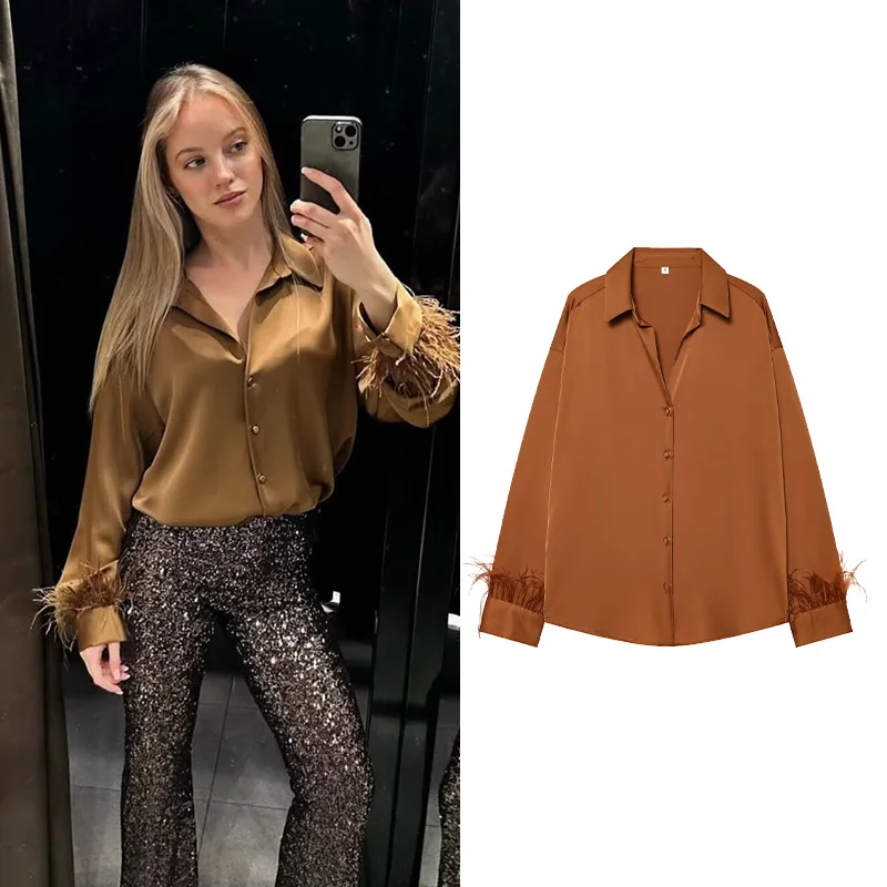 Femmes plume Satin Blouse décontracté printemps été col rabattu à manches longues bouton chemise femmes hauts femme chemise et chemisiers