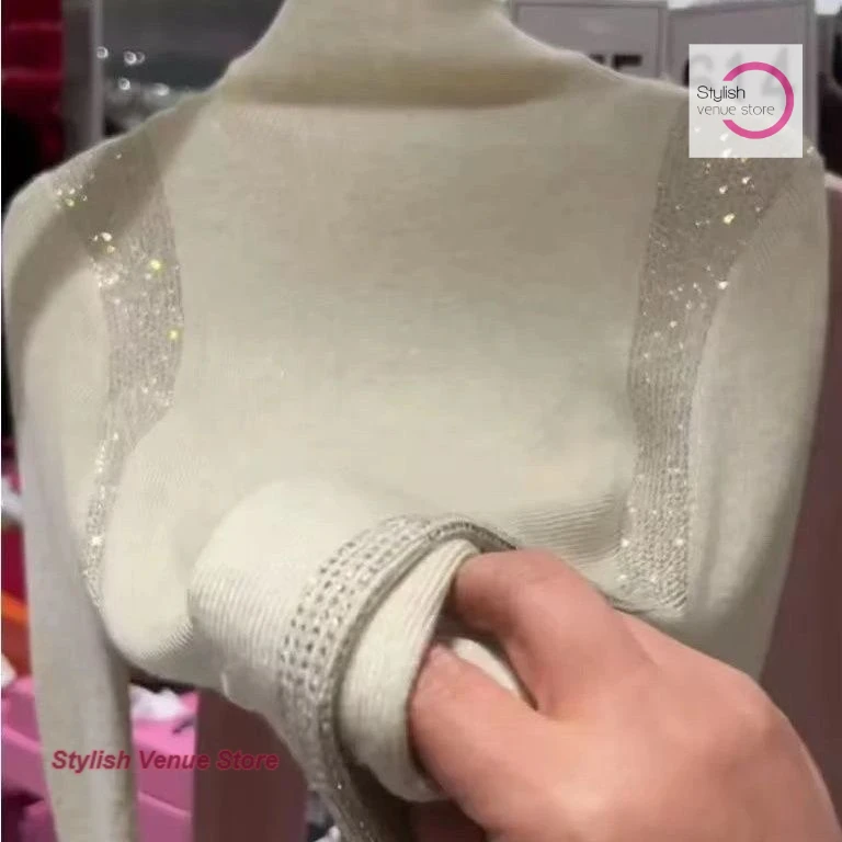 French fashionable sweater top women's autumn and winter high-grade heavy industry hot drilling splicing semi-high neck sweater