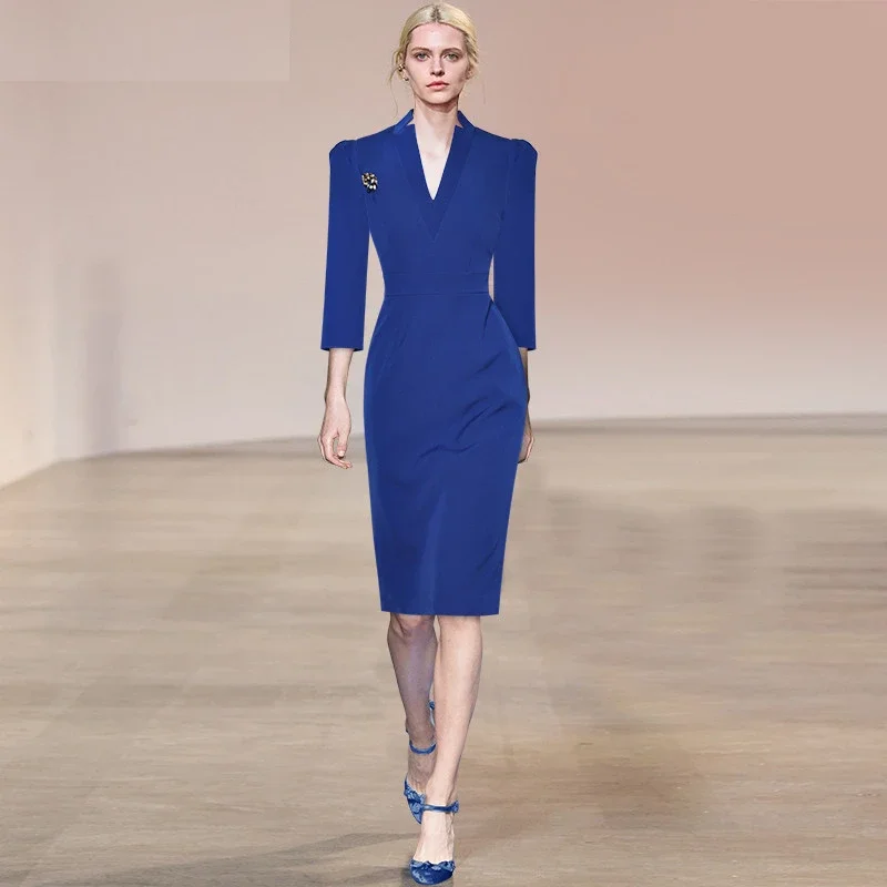 

2023 New Fashion Runway Spring Women V-neck Collar 3/4 Sleeve Beading Slim Lady Office Blue Split Dresses