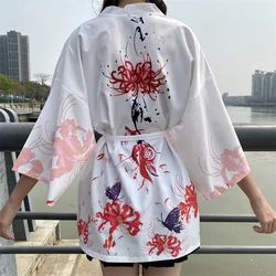 Kimono de plage blanc pour femmes, imprimé floral japonais Haori Obi, ceinture, vêtements traditionnels