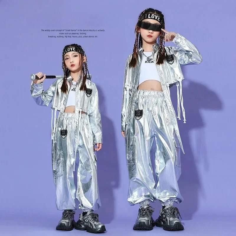Novo traje de hip hop para crianças jaqueta de prata calças manga longa roupas de dança de rua adolescentes meninas jazz palco desempenho wear