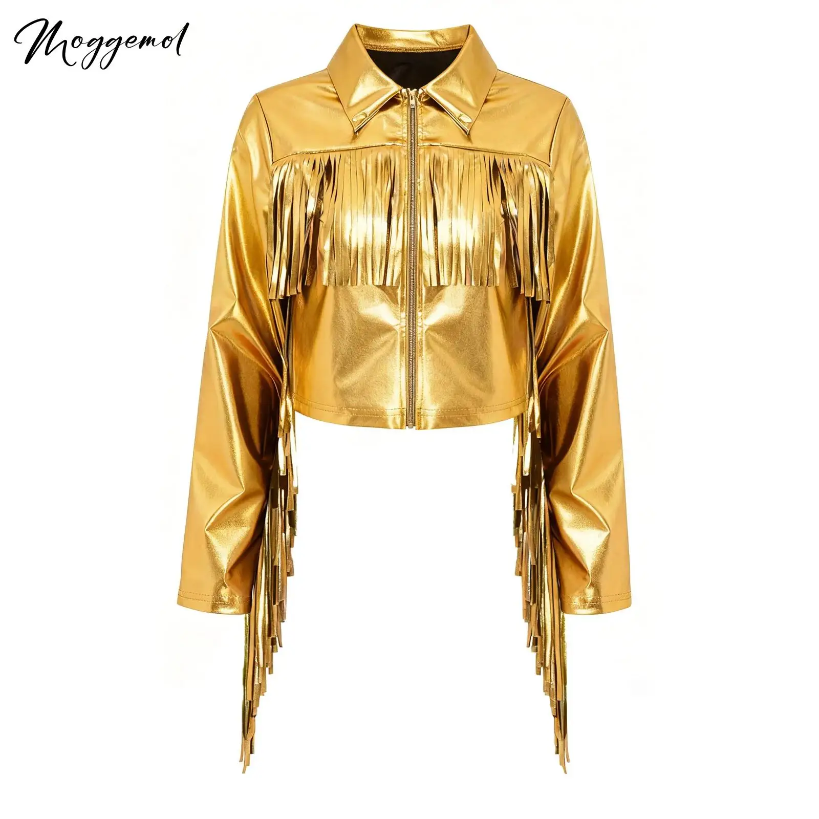 

Womens Tassels Metallic Glossy Jacket Turn-Down Collar Long Sleeve Zipper Fringe Shiny Costume for Club Disco Jazz Dance Party