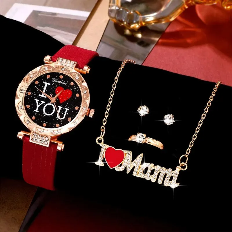 Conjunto de 5 uds de relojes para Mujer, Reloj de pulsera de cuarzo de lujo para Mujer, Reloj de pulsera con esfera de amor a la moda para Mujer, Reloj femenino