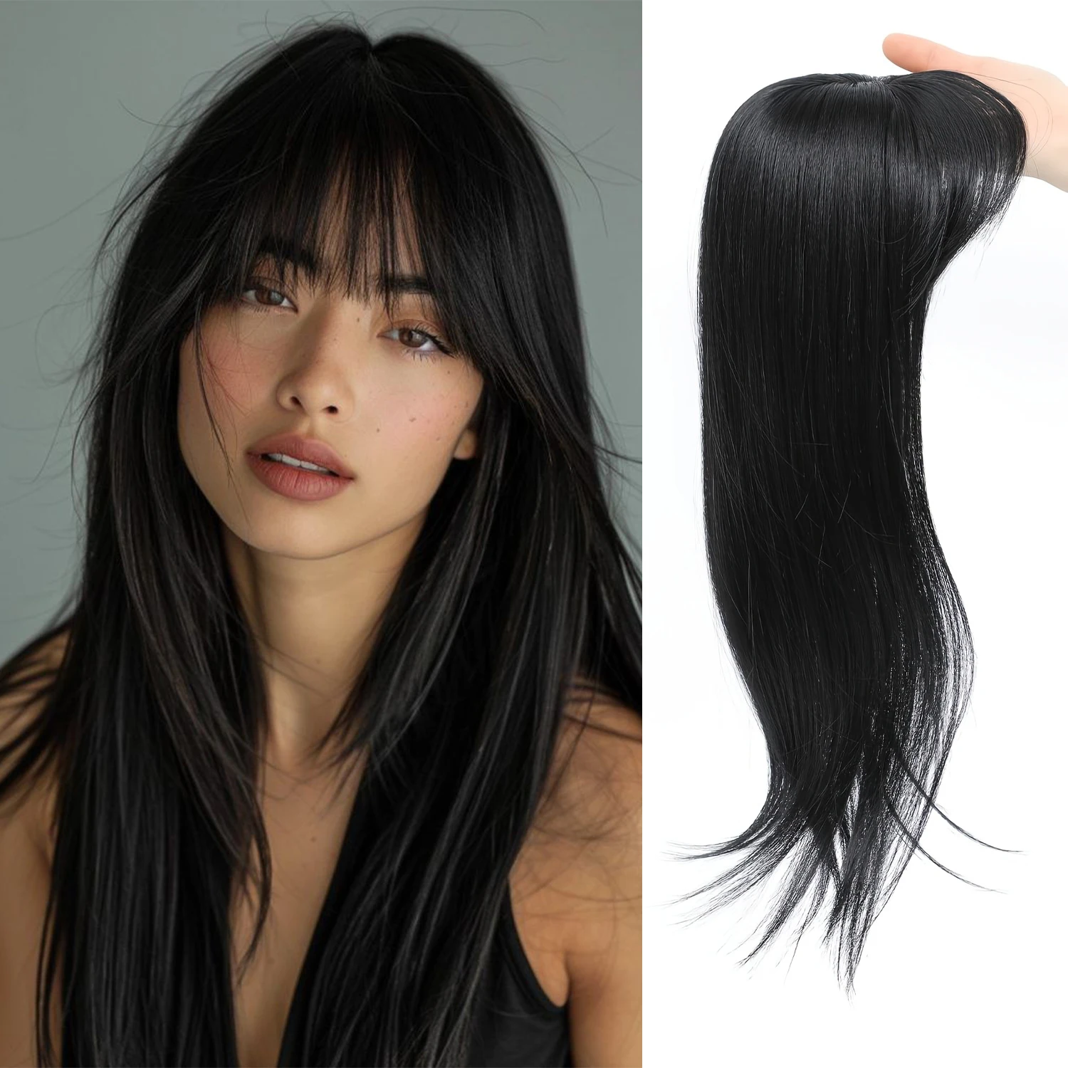 

Накладки для волос 18 дюймов для женщин с челкой, длинные многослойные синтетические пряди для тонких волос, парики-накладки для повседневного использования