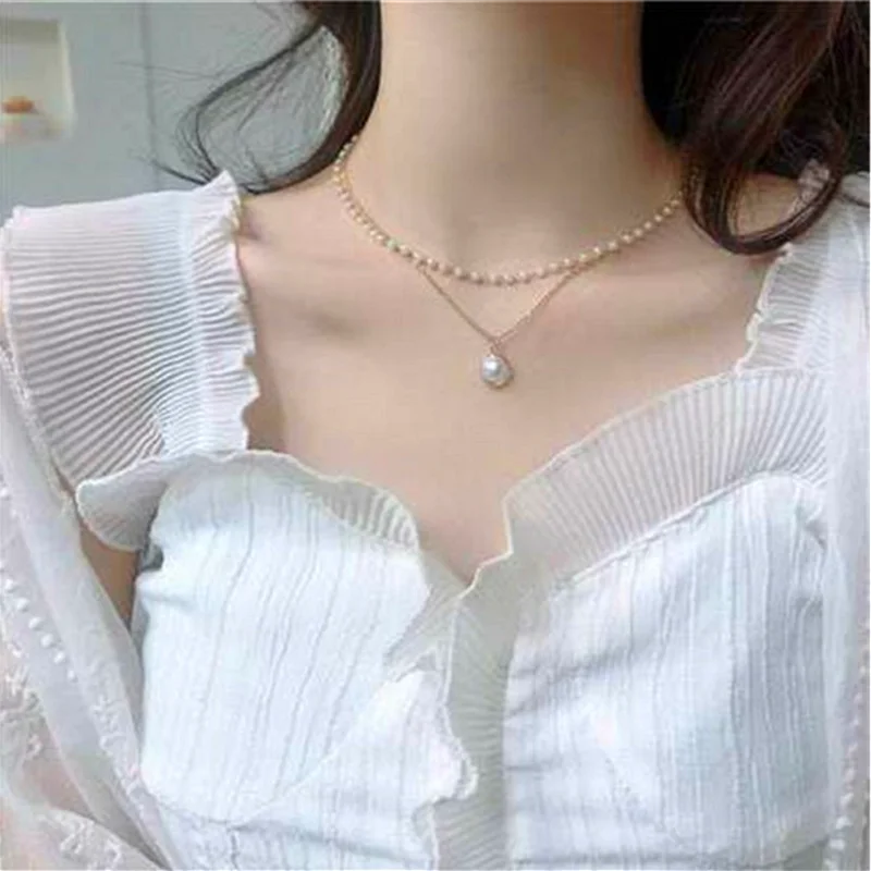 New Double Layer Chain Pendant Necklace Imitation Pearl Choker Necklaces For Women Fashion Elegant Simple Super Fairy Jewelry