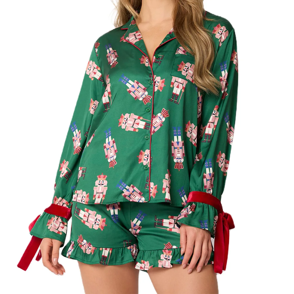 Women Fashion 2 Piece Pajama Sets Christmas Bow Tie Long Sleeve Shirts Ruffles Shorts Colorful Xmas Pjs Loungewear Sleepwear