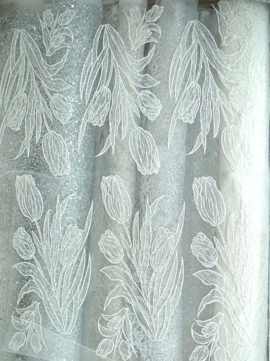White Tulle Fabric With Sequin Flower Embroidery Mesh For Bridal Dress Wedding Veil Evening Gown Textile Material Luxury Craft