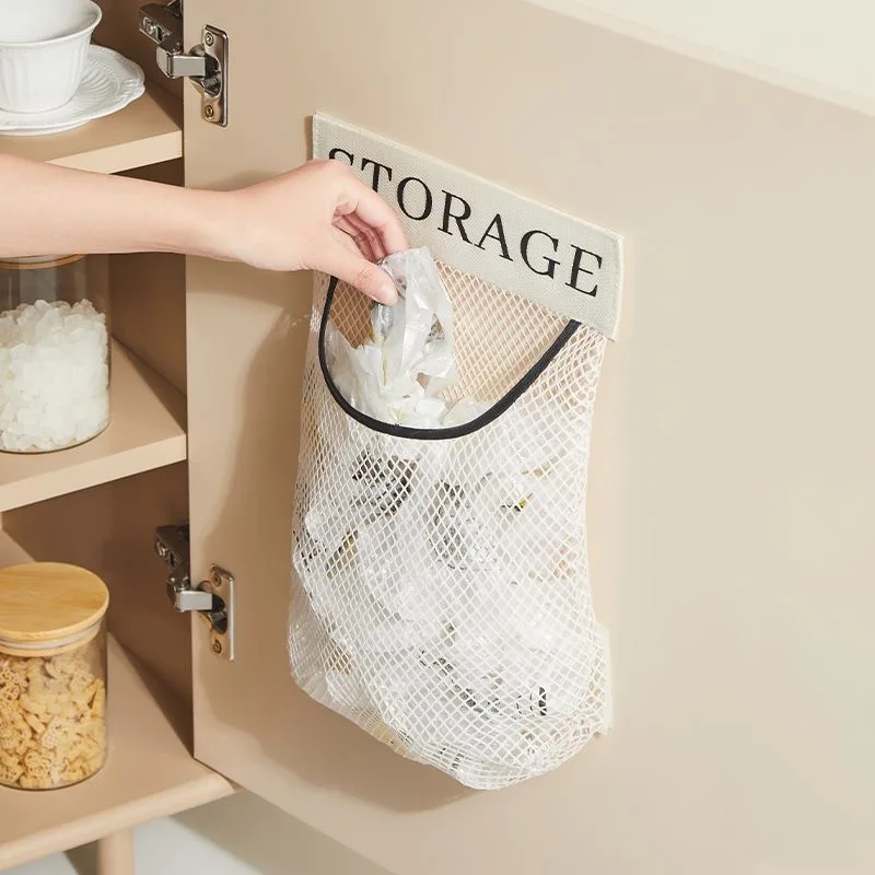 Kitchen Plastic Bag Storage Net,Wall Sticker Organizer,Pouch Bag Elastic Mesh Net with Tape Stickers,Trunk Storage for Cabinet