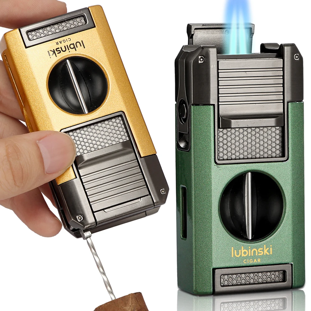 LUBINSKI 2 Torch Lighters Cigar V Cutter Punch Metal Butane Gas Cigar Lighter With Needles Dredge Cigar