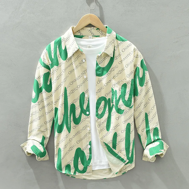 

Loose Fit Cotton Long Sve Men's irt Trendy Print Color Blo Casual Wear Youth Faionable Outerwear Urban Sle Spring