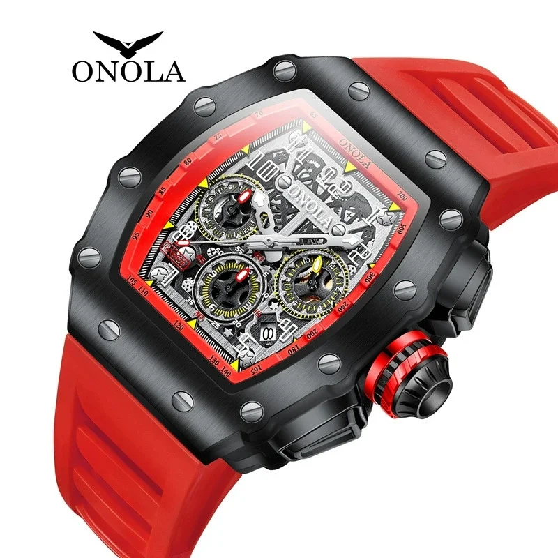 ONOLA 6826 Top Brand Tonneau Outdoor Quartz Watches for Men Calendar 50M Waterproof Silicone Sports Mens Watch Reloj Hombre