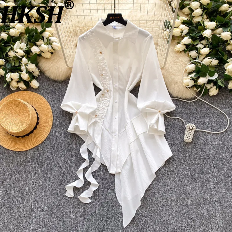 

Женская рубашка HKSH с асимметричными оборками, длинными рукавами, на одной пуговице, с утягивающим эффектом на талии, элегантный городской повседневный топ, летняя модель HK21047