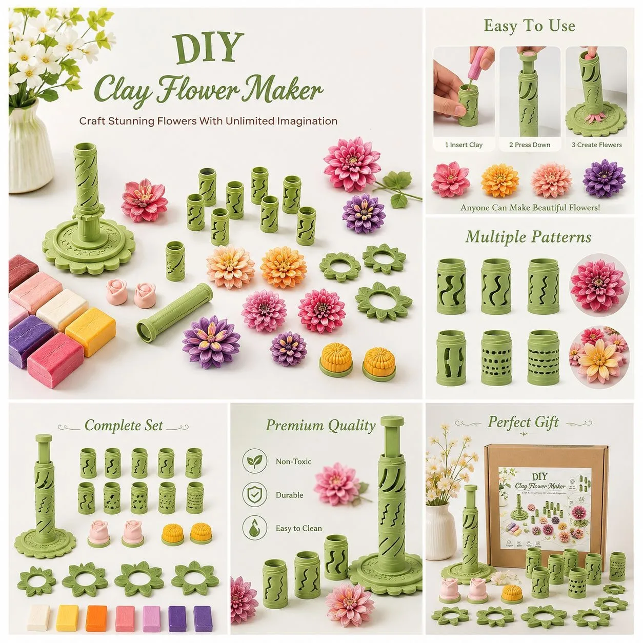 Modular Clay Bloom Maker with 9 Shaping Sleeves DIY Flower Making Tool for Polymer Clay Handmade Craft Mold Kit for Beginners