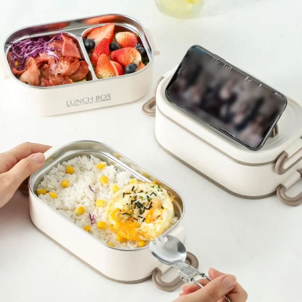 Stainless Steel Thermal Lunch Box With Fold Spoon Large Capacity Lunch Box Set Stackable Microwavable Food Storage Containers