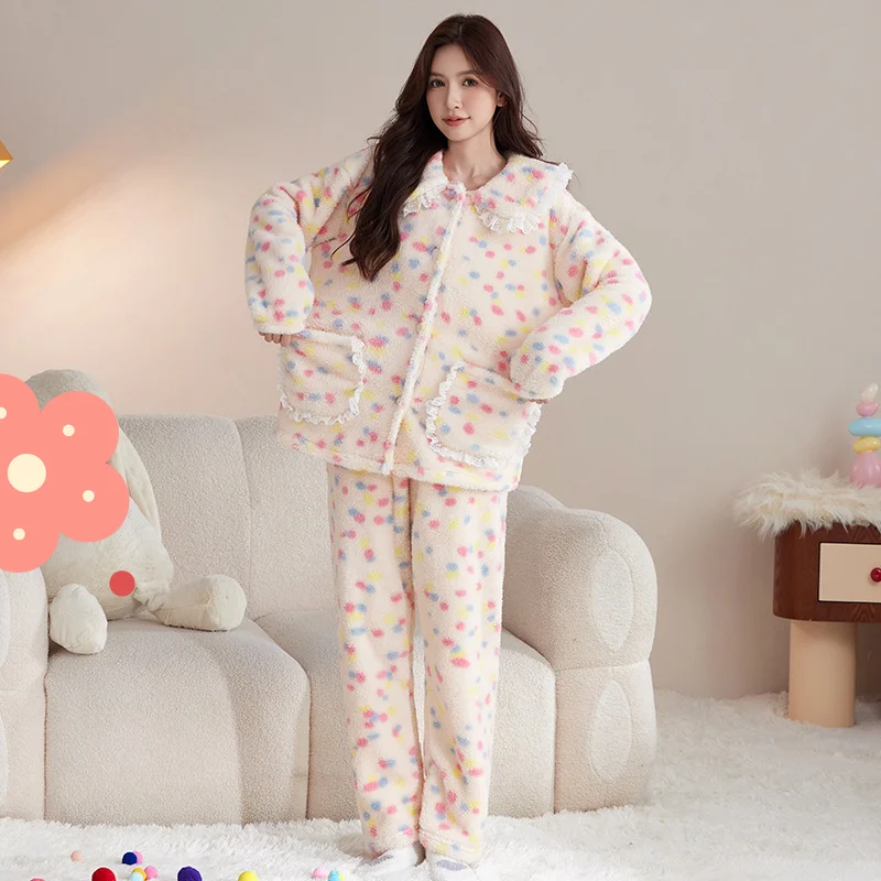

Осенне-зимние женские пижамы из кораллового флиса на флисовой подкладке, утепленная удобная одежда для сна, милая пижама, милый фланелевой домашний костюм