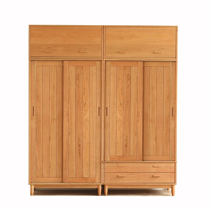 Japanese solid wood wardrobe cherry wood bedroom sliding door storage wardrobe Nordic style oak log sliding door clothes