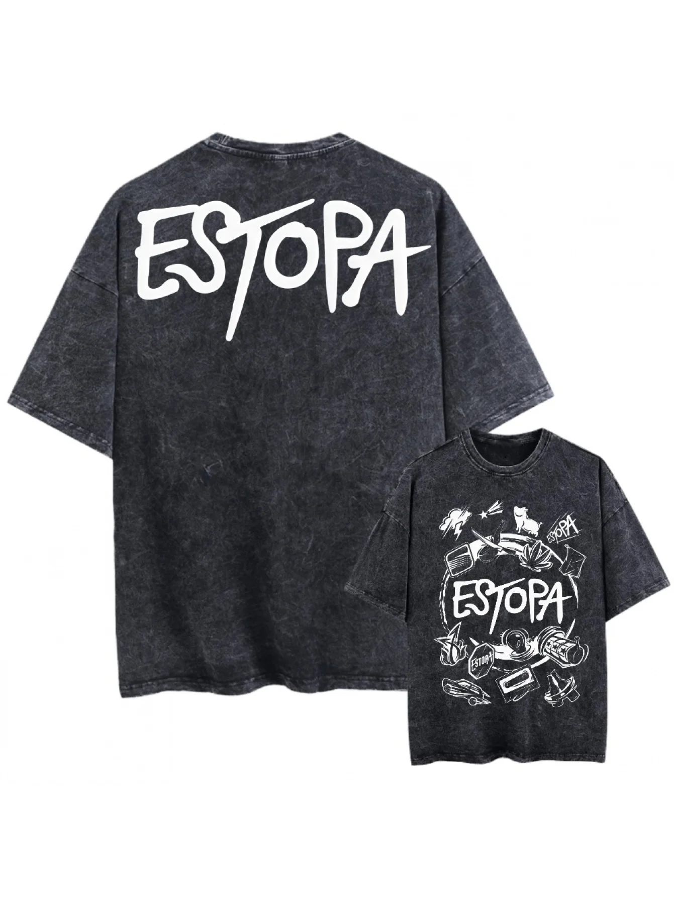 ESTOPA Retro Hip Hop Pattern T-shirt Unisex Retro Distressed Plus Size Black T-shirt with White Graffiti Print Faded Black Shirt
