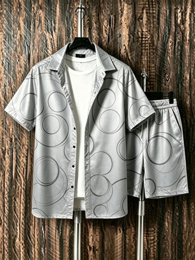 

Men's Short Sleeve Shirt & Shorts Set, Loose Comfort Light Grey Circle Print Casual Summer Outfit, Stylish & Breathable