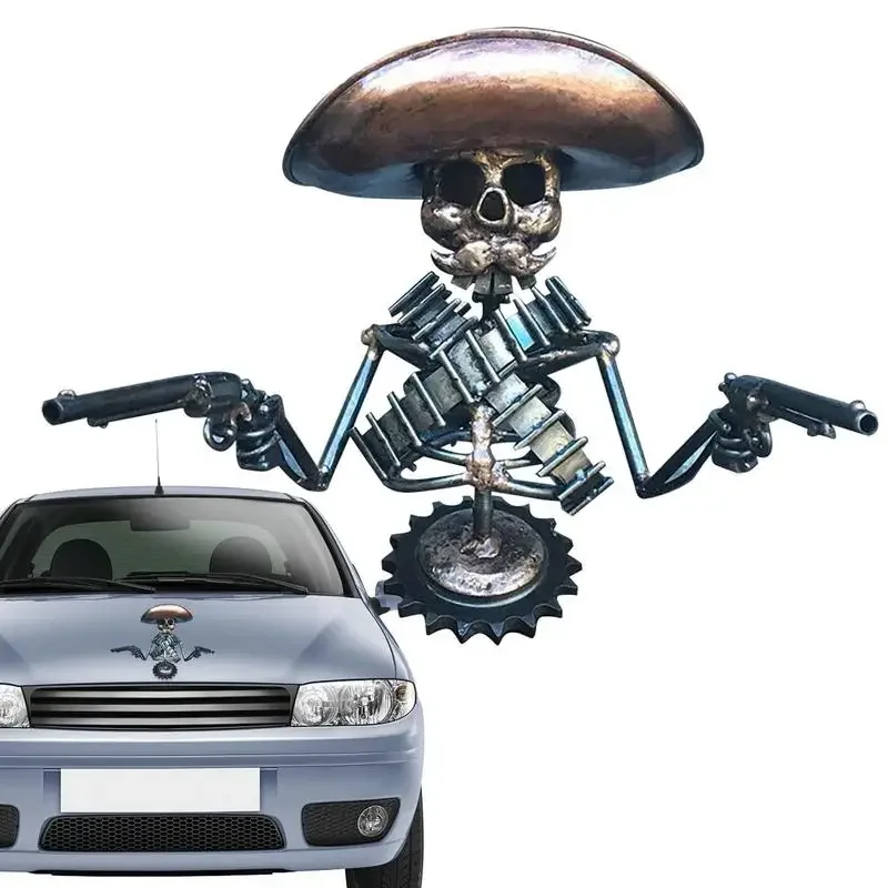 Car Hood Ornaments Skull Dashboard Decoration Durable Metal Skeleton Statue Handmade Cast Cowboy Skull Automobile Accessories