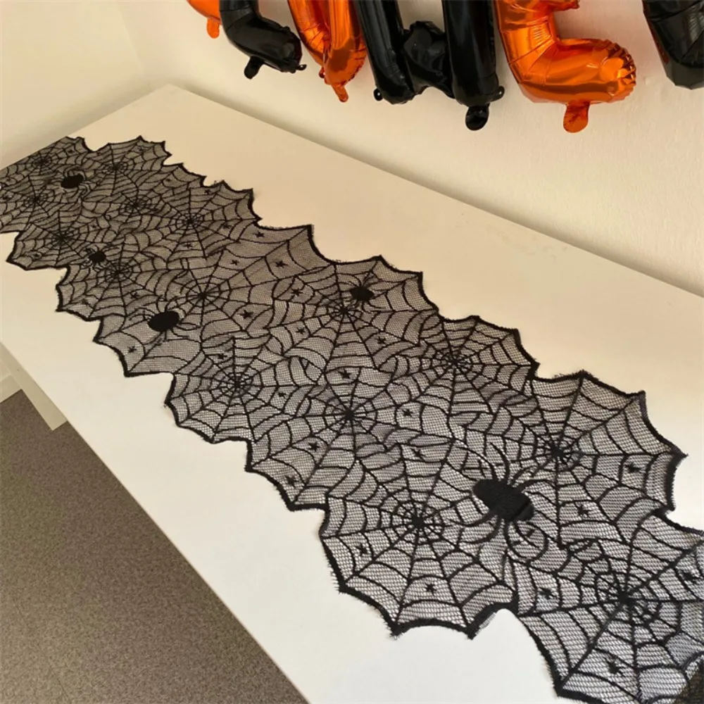 Translucent Spider Web Black Lace Table Runner with Spider Pendant Mesh Halloween Table Cover Long Strip Gothic Lace Tablecloth
