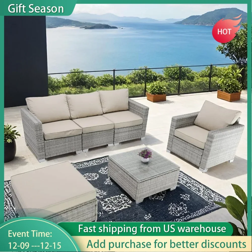 Courtyard Sofa, 6-piece Outdoor Rattan Segmented Porch Conversation Sofa with Willow Branches and Coffee Table, Outdoor Sofa