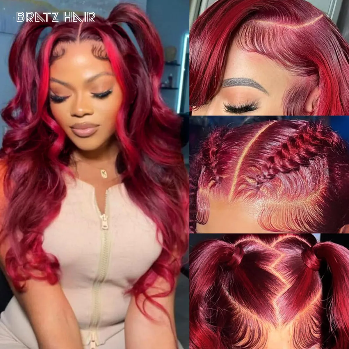 5by5 تسليط الضوء على بورجوندي إغلاق شعر مستعار شعر الإنسان بورجوندي الأحمر تسليط الضوء على شعر مستعار قبل قطعها 13x4 كامل أمامي الجسم موجة غلويليس شعر مستعار