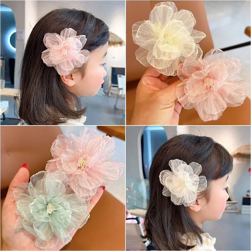 Doce e chique clipe de cabelo para meninas Princess Side Clip Duckbill com rede floral, decoração de arco