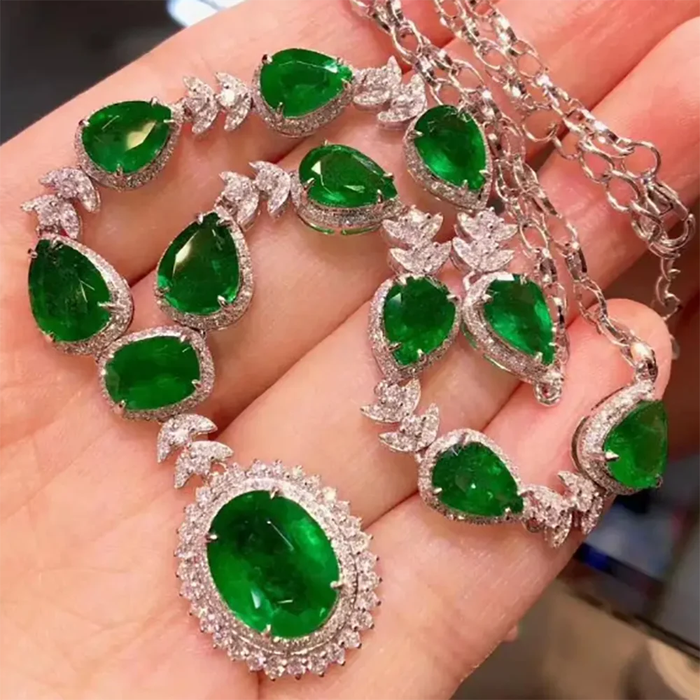 

New Arrival Luxury 925 Sterling Silver Lab Emerald Necklace Women Sparkling Cubic Zirconia Chokers Banquet Vintage Jewelry