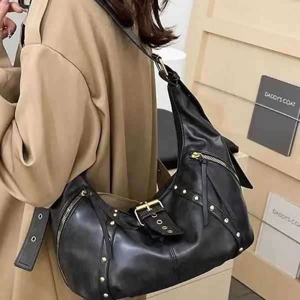 

Hobos Bags For Women large capacity Luxury Designer Handbag And Purses 2025 New In PU Leather Tassel Rivet Female Shoulder Bag