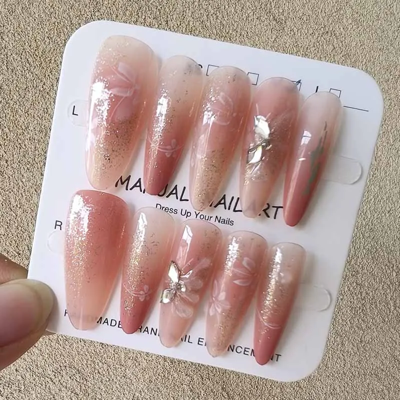 10 Stück abnehmbare Nägel im französischen Stil mit langen Mandeln zum Aufdrücken, handgefertigte Nagelkunst, Schmetterling, Diamant, Maniküre, Nagelflicken, künstliche Nägel