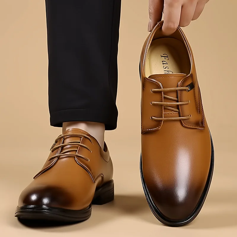 Breathable Comfortable Pointed Toe Mens Dress Shoes Business Spring Fall 2026 Square Heel Soft Leather Decent Formal Shoes Man