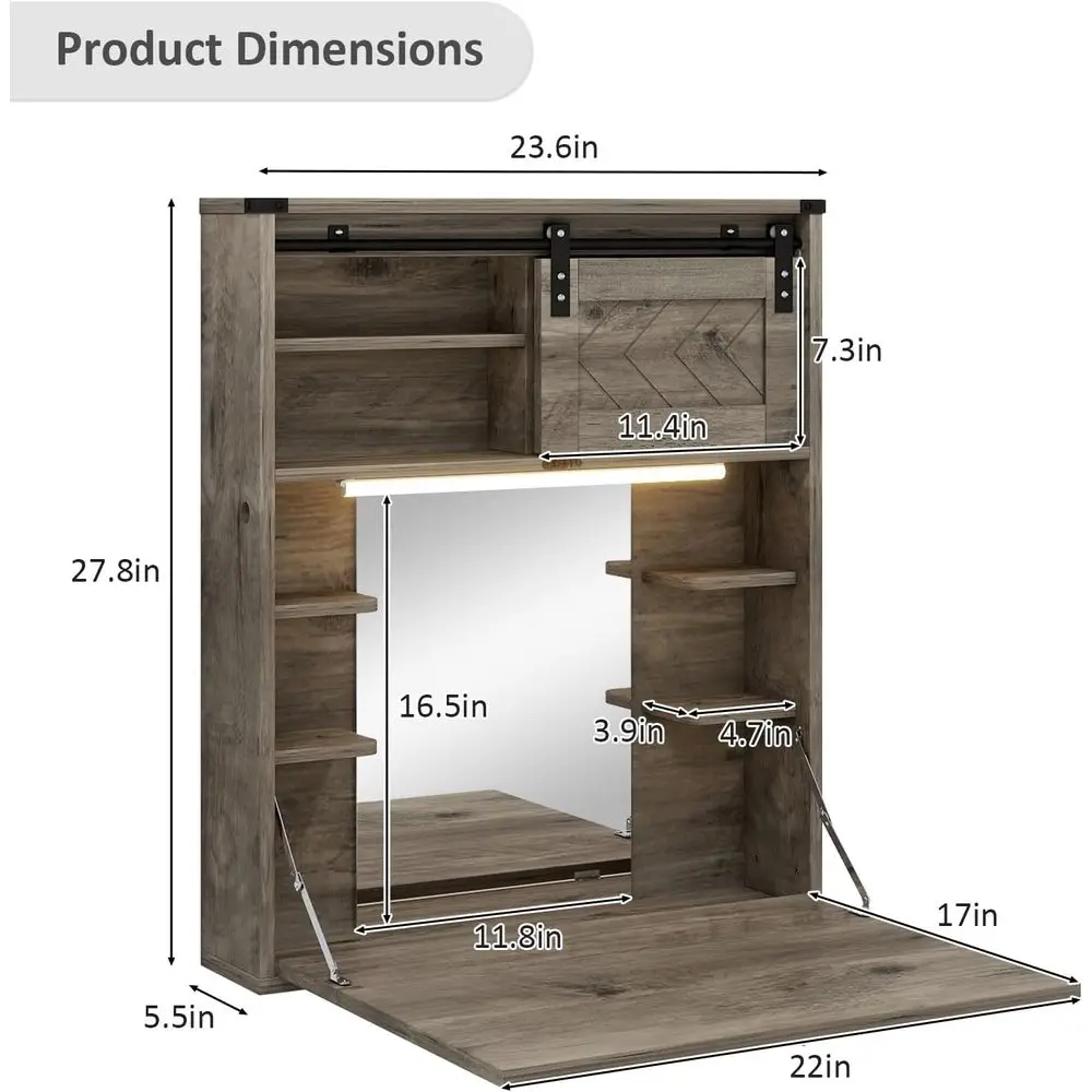 loating Vanity Desk with Mirror and Lights Small Wall Mounted Makeup Set with Storage Gray armhouse Dring Table or Tiny Space
