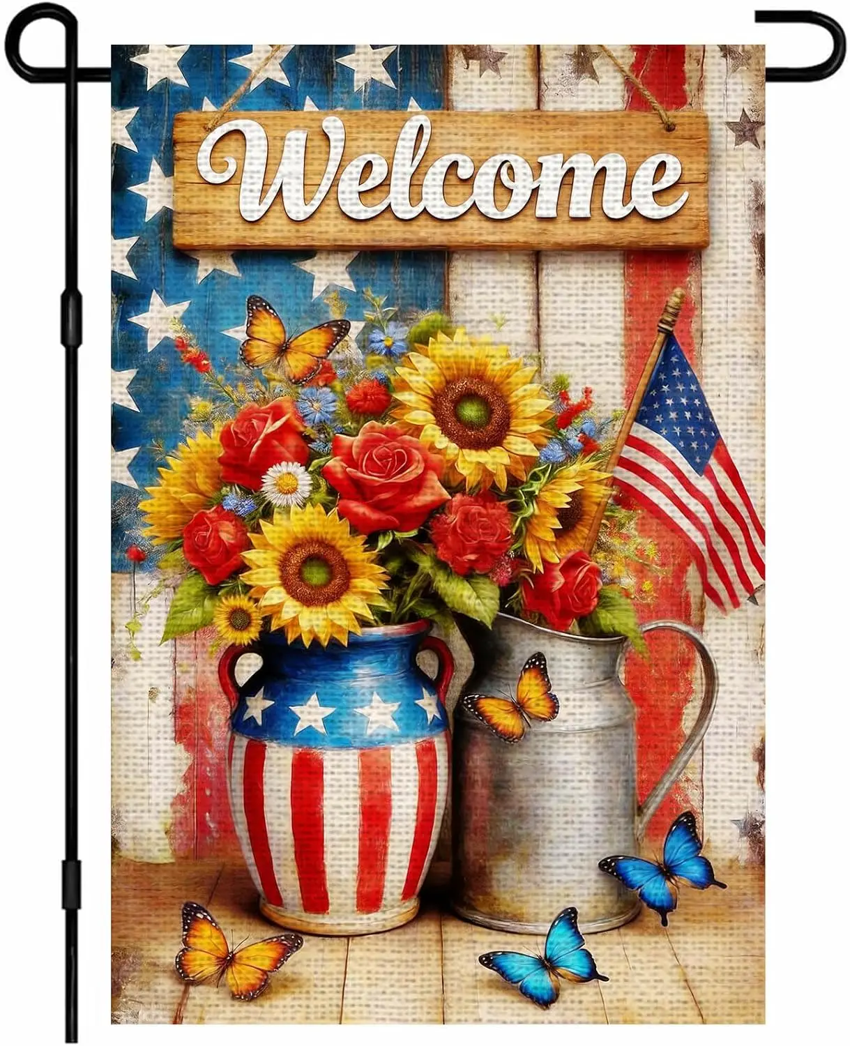 4th of July Sunflower Boots Garden Flag Patriotic Yard Flag 12 x 18 Inch Double Sided Burlap Welcome Patriotic Bucket Flag A PPZ