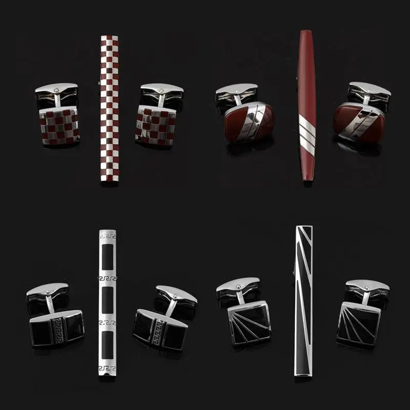 Cufflinks Tie Clip Set For Men Shirts Luxury Brand Enamel Cufflinks High Quality French Tie Clip Copper Metal 3pcs Accessories