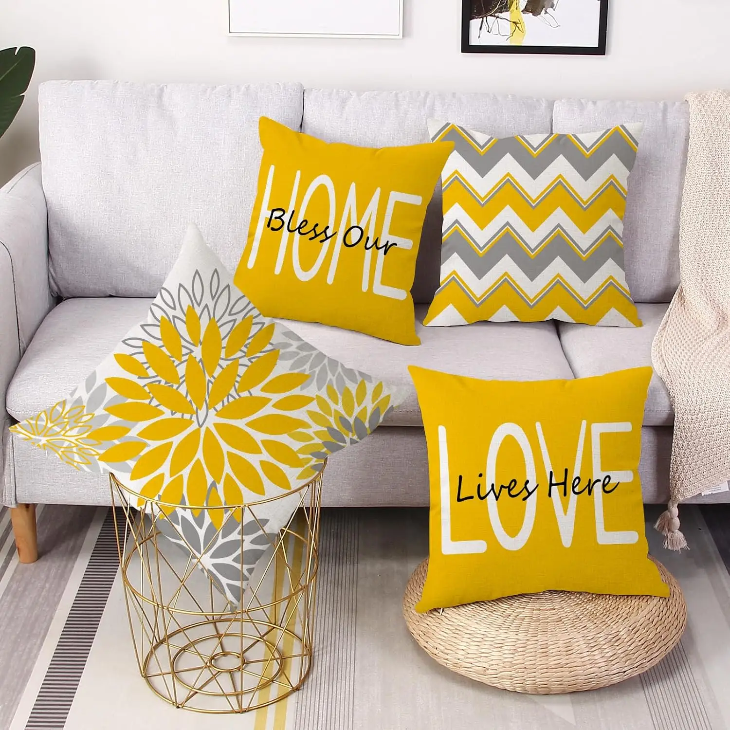 Double Sided Yellow Outdoor Waterproof Pillow Covers Set Of 4, Floral Geometric Bless Our Home Love Lives Here Cushion Cases