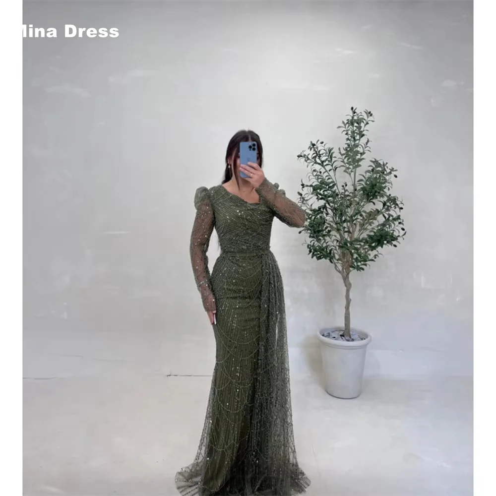 

Mina Customized Green Luxurious Women's Evening Dresses for Special Occasions Beads Sequins. Long Sleeves Gala Dress Party Prom
