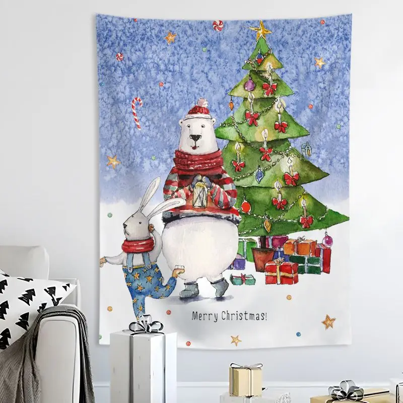 VIKAMA Wall Tapestry Happy Holidays Three Trees Pink Black Green Cute Art Home Decor Living Room Bedroom Dorm Festive Print Soft