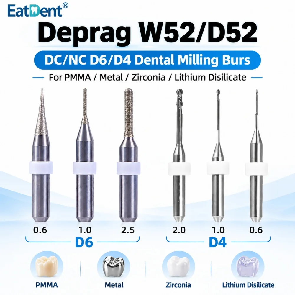 Deprag W52 D52 Dental Milling Burs Diamond Coating for Zirconia Lithium Disilicate/Emax Metal PMMA  D6/D4 Grinding Drills Needle