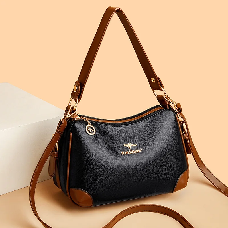 PU leather color-blocking single-shoulder bag with multiple compartments, simple and large-capacity women's crossbody bag