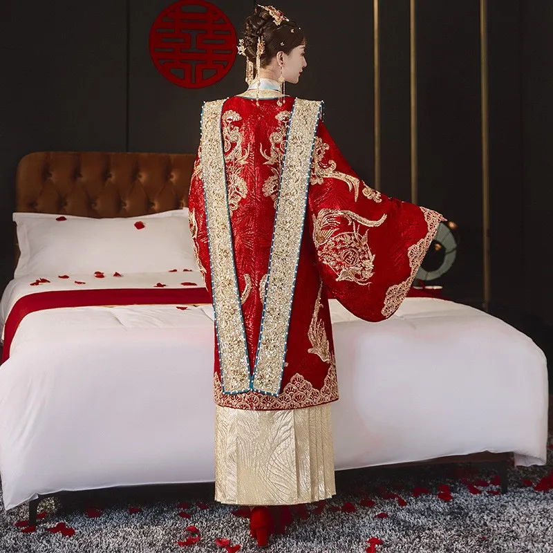 Zestaw dla par: korona feniksa w stylu Hanzhong i czerwona suknia ślubna