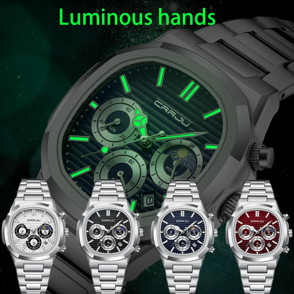 CRRJU Casual Sporty Brand Stainless Steel Band Wristwatches for Men New Chronograph Quartz Watches with Date 2309