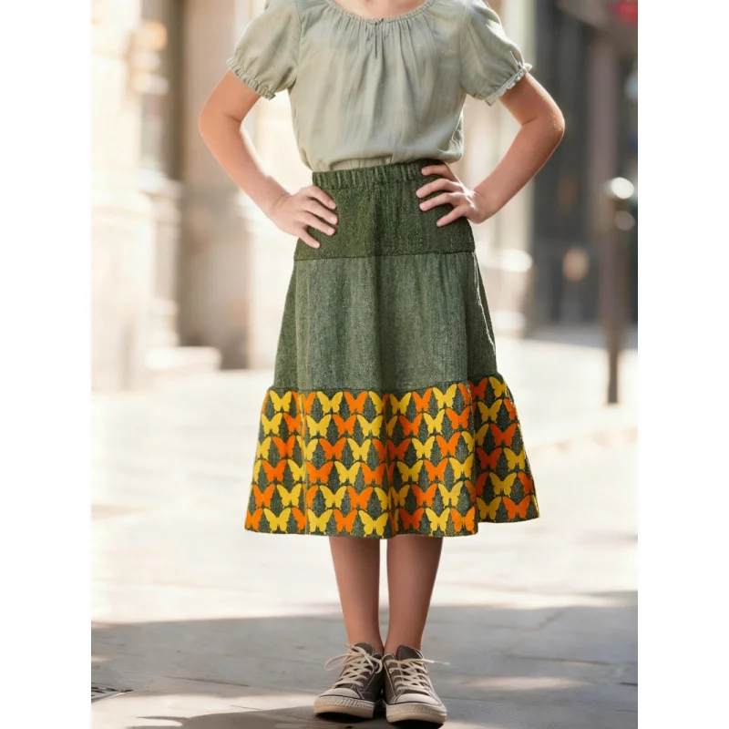 

2025 Girls Butterfly Print Simulated Denim Skirt Sweet Fashion Versatile Midi Skirt