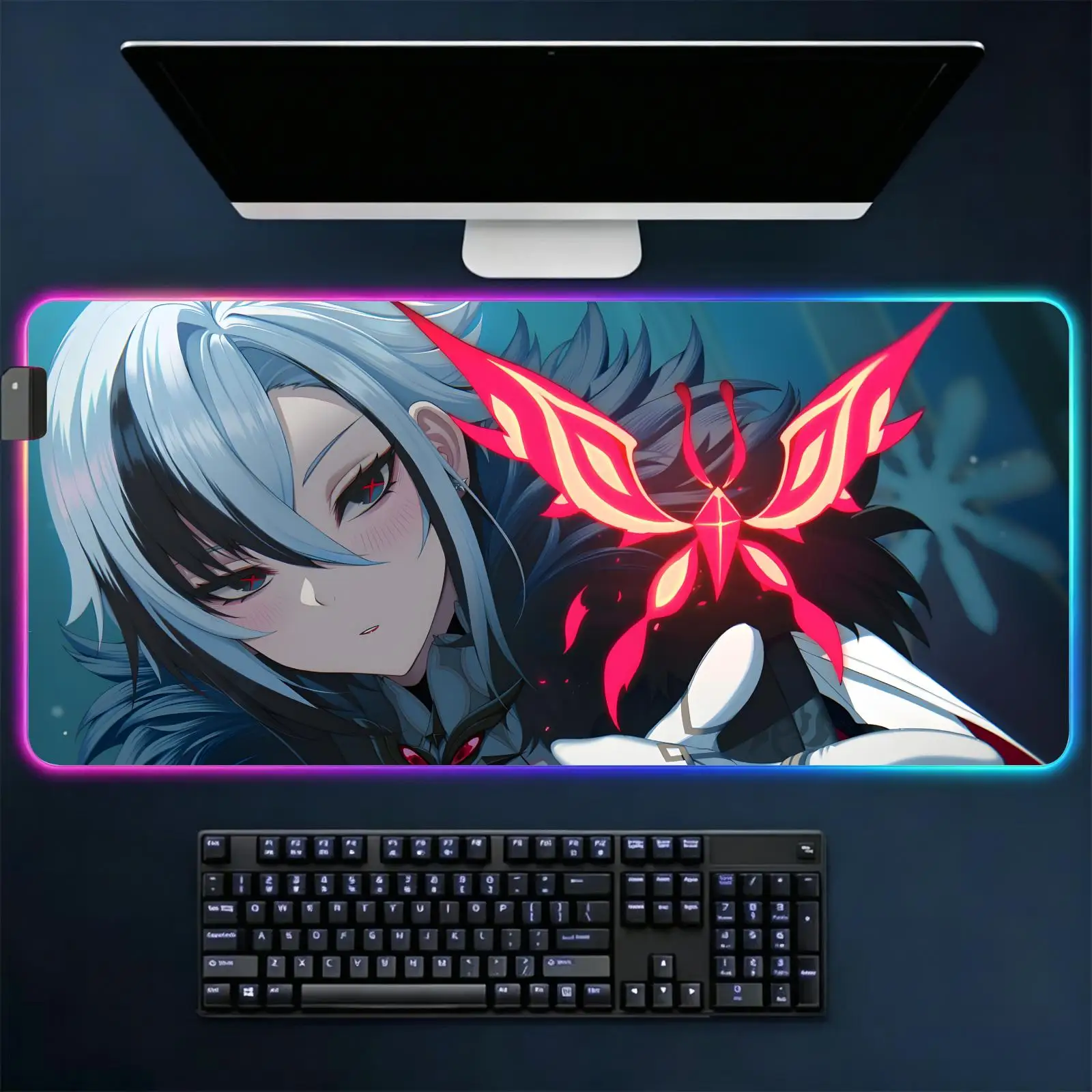 Mouse Pad RGB Color Changing Gaming Mouse Pad, Genshin Impact Arlecchino Stitched Edges, XXL Large Keyboard Desk Mat