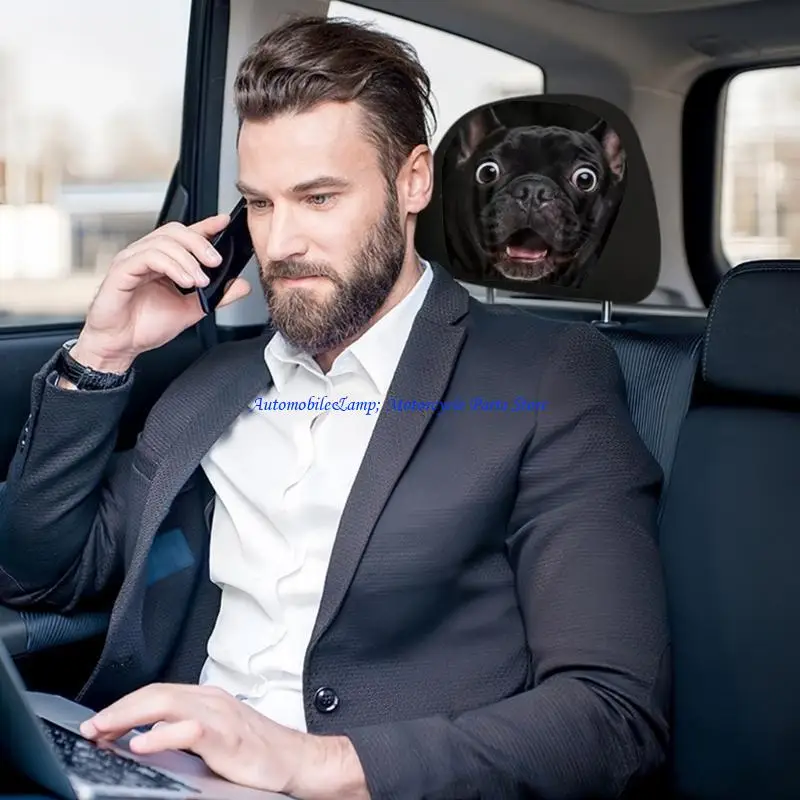 H7BD 2 Pieces Funny Shocked Pug Car Headrest Covers with Soft Polyester Fabric Humorous Pug Perfect for Any Vehicle Interior
