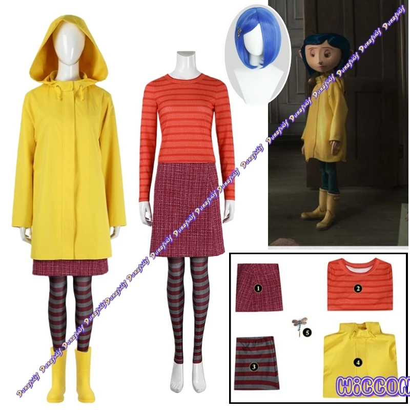 

Halloween Party Scary Coraline Cosplay Set Yellow Coat Wig Shoe for Horror Movie Secret Adult Role Play