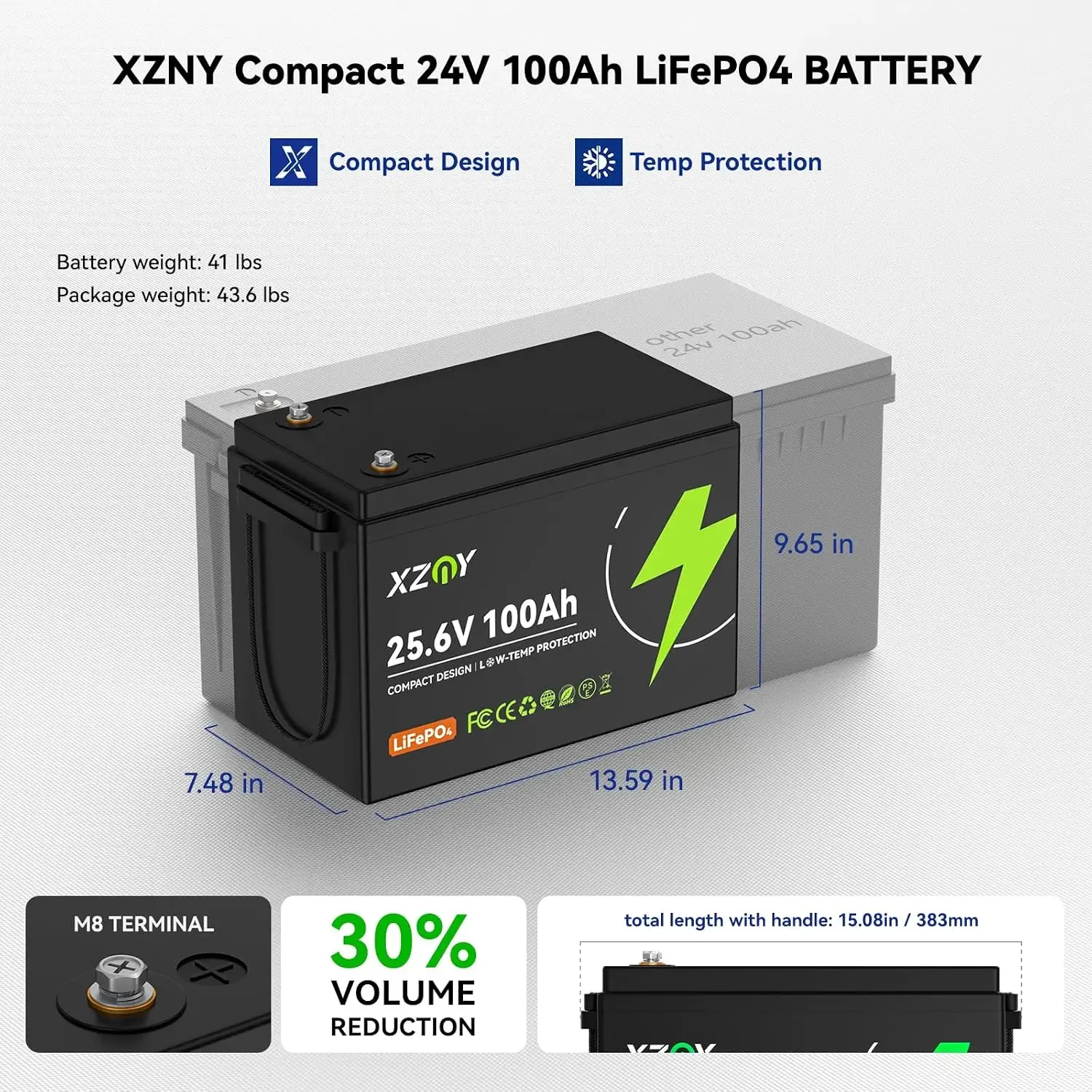 BestsellingCompact 24V 100Ah Lithium Battery, 24V 100Ah LiFePO4 Battery 5000+ Cycles, Built-in 100A Low Temperature Protection B