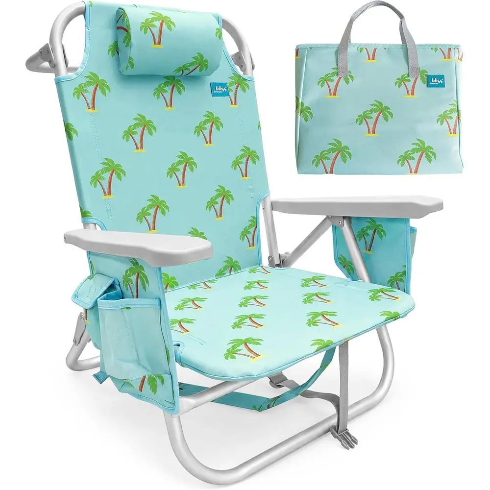olding Beach Chair Recliner with 8 Reclining Positions and Detachable Cooler Bag, Palm Tree