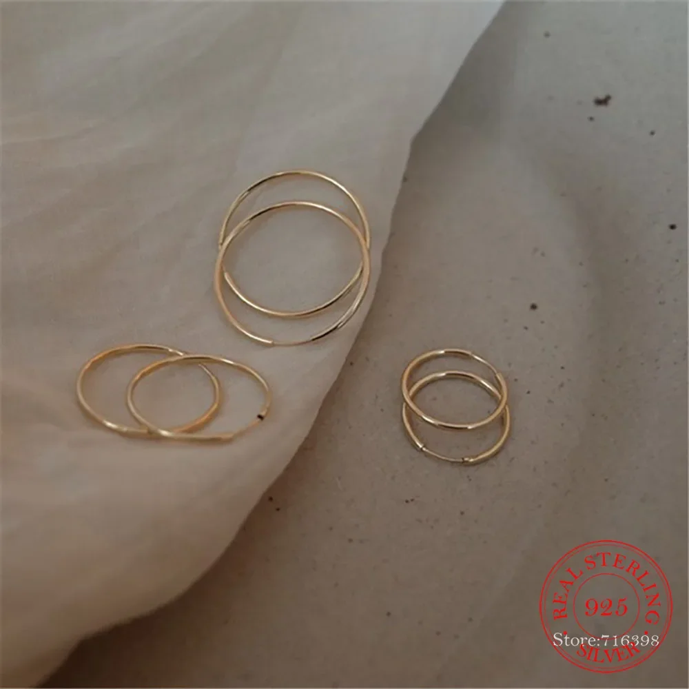 100% אמיתי 925 סטרלינג כסף קוריאני פשוט חלק דק עגיל אופנתית תכשיטים לנשים ציפוי זהב 14 קראט מתנה